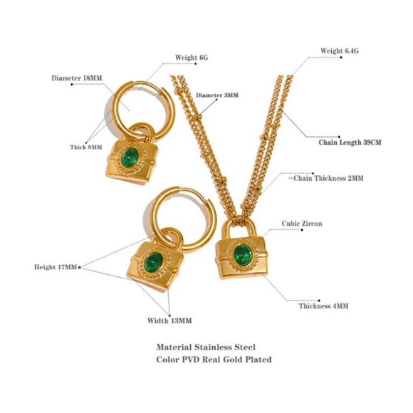 Emerald Green Cubic Zirconia 18K Gold Plated Lock Dangle Earrings NEW - Picture 9 of 11